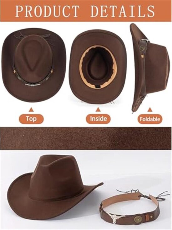 Women\'s Felt Fedora Western Cowboy Hat Rolled Wide Brim with Buckle Belt main image 5